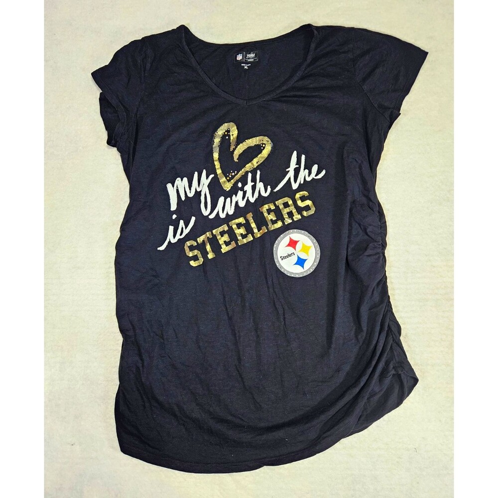 Women's NFL Team Apparel Pittsburgh Steelers Black V-Neck T-Shirt XL "My Heart"